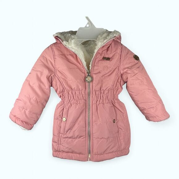 Dkny Other - DKNY Jacket Girls Pink SZ 18M Hooded Lined Vegan Fur Gold Hardware Logo
